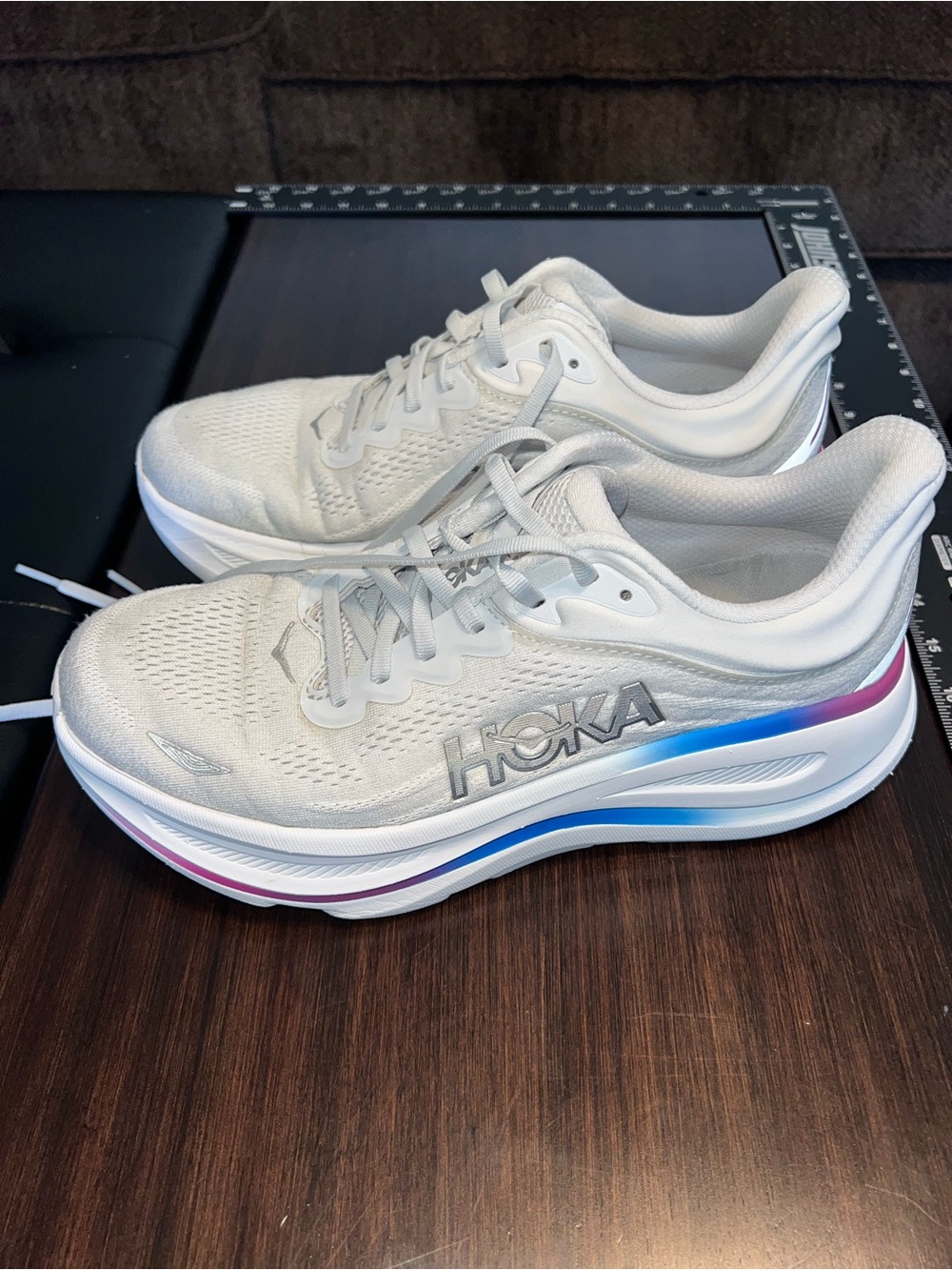Hoka One One Bondi 9 Women’s White Running Shoes with Blue and Purple Gradient